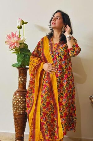 Anarkali Dress, Jaipuri Floral Print, Yellow and Red Traditional Suit with Dupatta